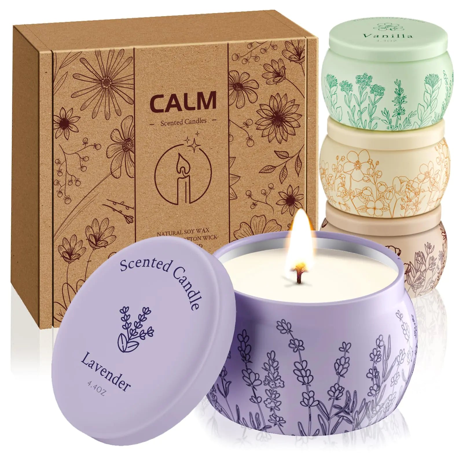 WarmEmbrace Scented Candles for Women 17.6oz Romantic Candles for Valentines Day Candle Set 120H Burning Soy Candles for Home Scented Lavender | Vanilla | Rose & Sandalwood | Jasmine - 4 Pack